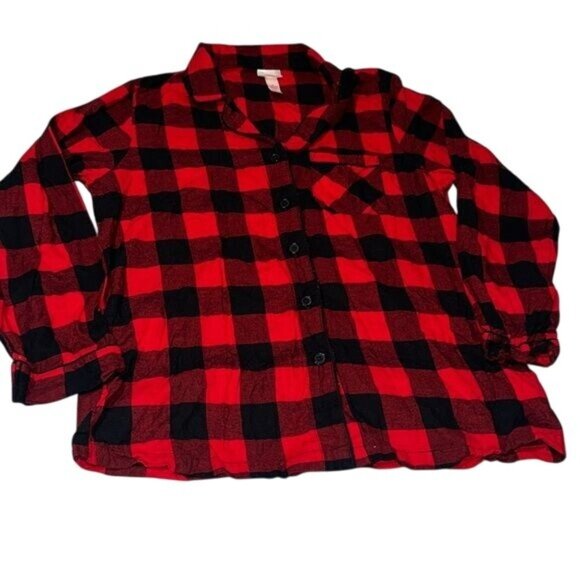 Womens Red & Black Plaid Flannel Button-Up Pajama Top By Wondershop Size M - Picture 1 of 6